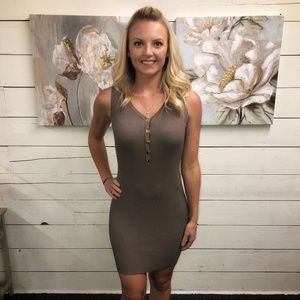 Knit V-Neck Button Mini Dress - Mocha